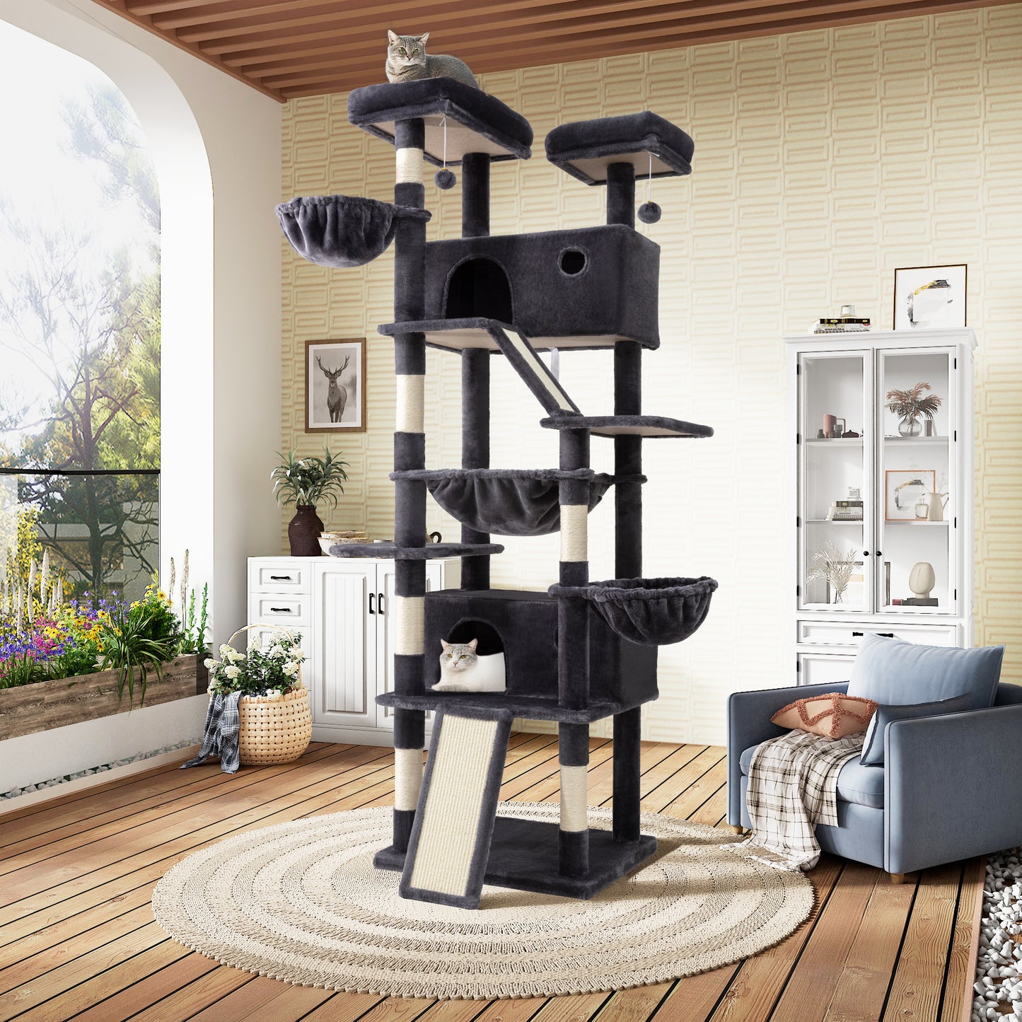 SHA CERLIN 81" Multi-Level Tall Cat Tree Tower for Indoor Kitties, Cat Condo with Hammock & Sisal Scratching Posts