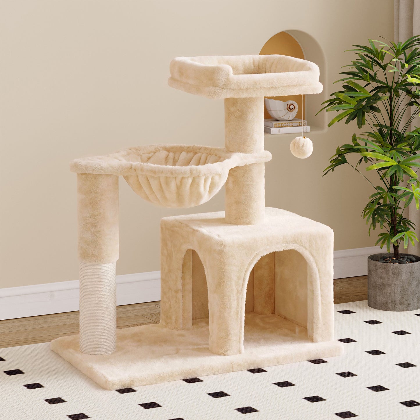 Sha Cerlin 29.5" Multi-Level Cat Tree, Indoor Cat Tower with Sisal Scratching Posts, Cozy Perch, Basket, Condo and Hanging Ball, for Kittens and Adult Cats