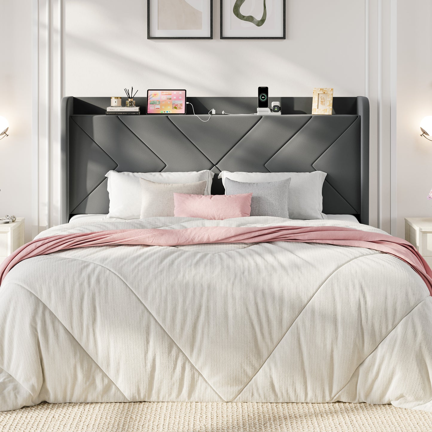 Sha Cerlin Velvet Upholstered Wingback Headboard with Charing Station, 6.3 Inches Under-Bed Space