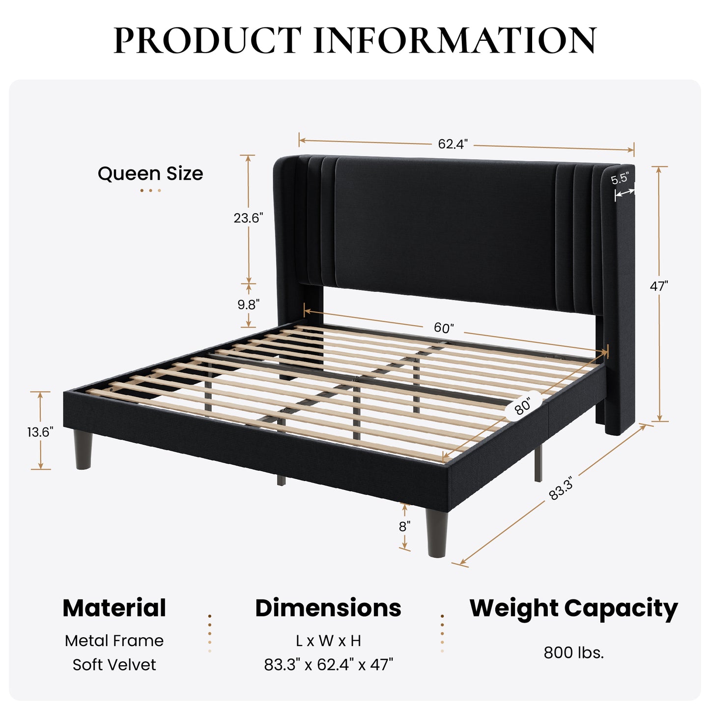 SHA CERLIN Velvet Upholstered Platform Bed Frame with Vertical Channel Tufted Wingback Headboard, Wooden Slats Support, Easy Assembly, Under Bed Storage, No Box Spring Required