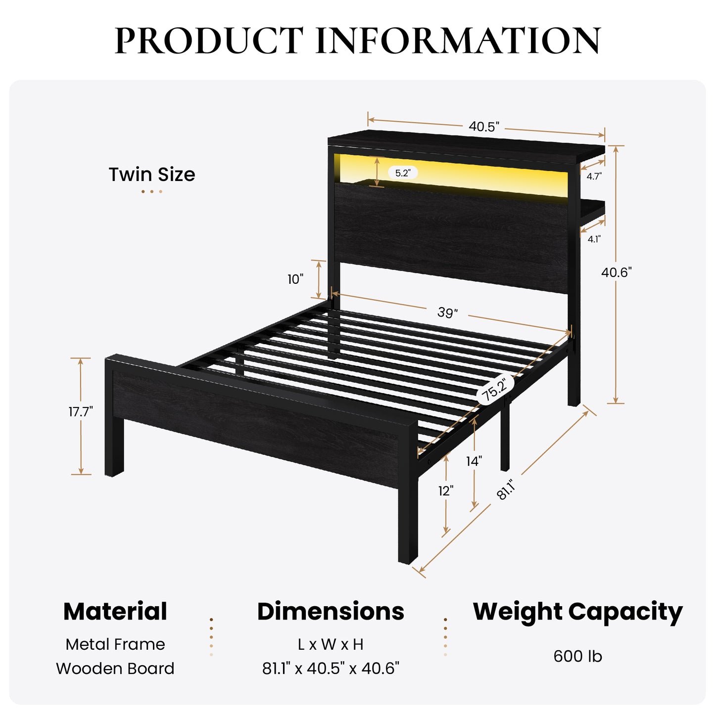 Sha Cerlin Bed Frame, 2-Tier Storage Headboard, LED, Charging Station | Wood Metal Platform with Footboard, No Box Spring Needed, Noise-free, Under Bed Storage, Black Oak