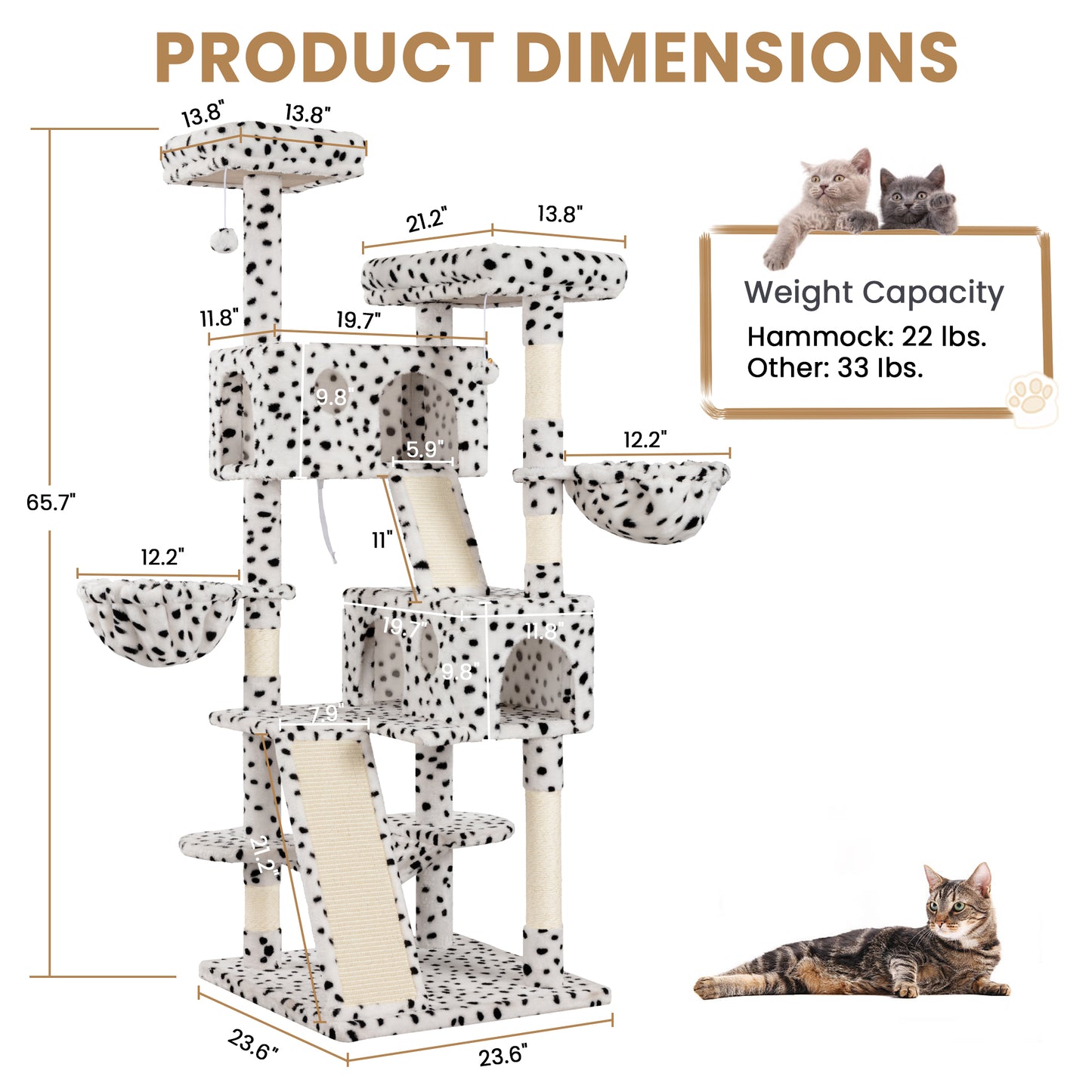 Sha Cerlin 65.7" Cat Tree and Tower for large cats with Hammock & Scratching Posts