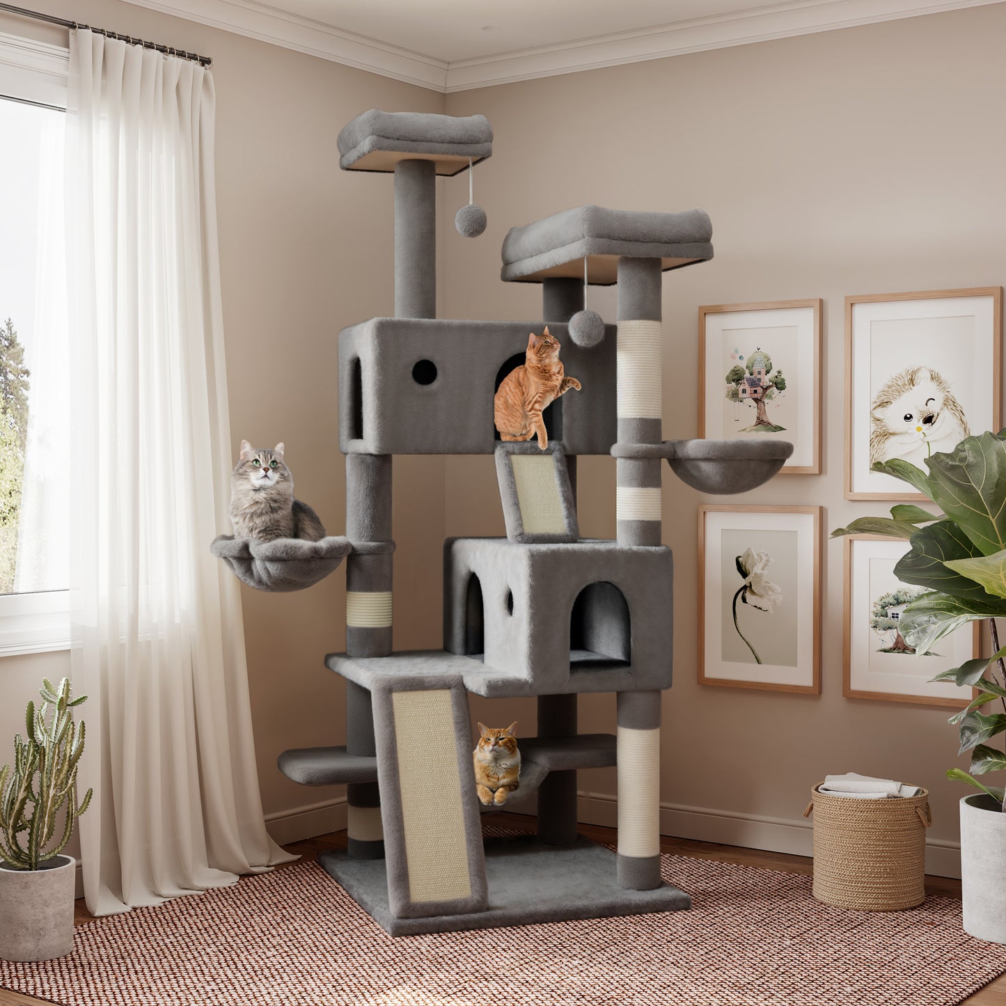 Sha Cerlin 65.7" Cat Tree and Tower for large cats with Hammock & Scratching Posts