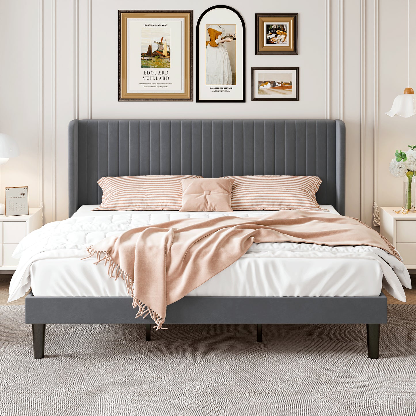 Sha Cerlin Upholstered Platform Bed Frame with Velvet Channel Wingback Headboard