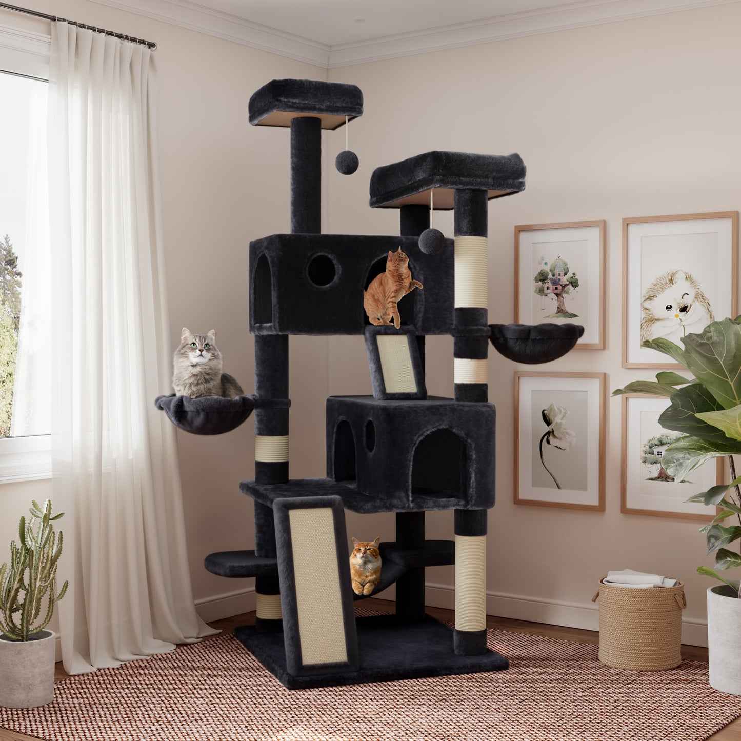 Sha Cerlin 65.7" Cat Tree and Tower for large cats with Hammock & Scratching Posts