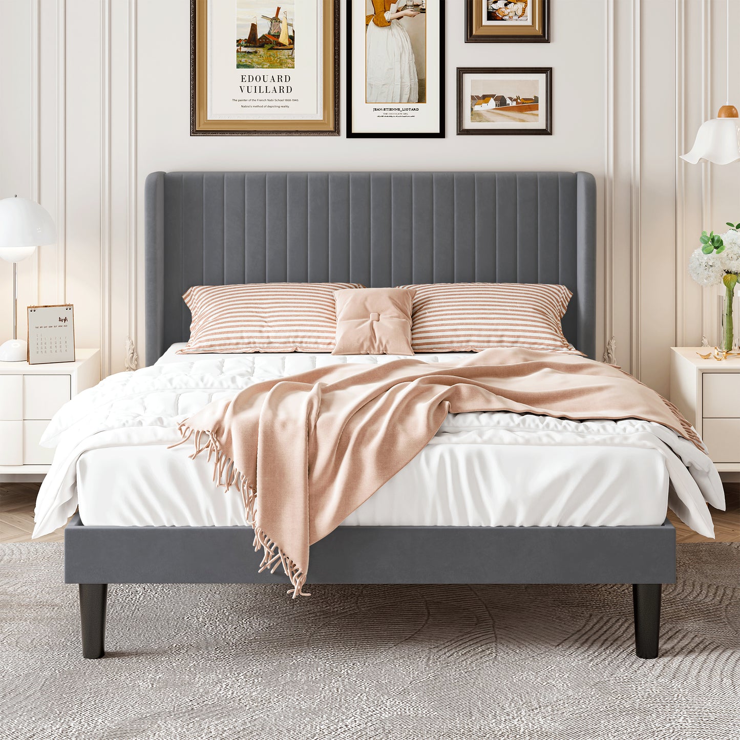Sha Cerlin Upholstered Platform Bed Frame with Velvet Channel Wingback Headboard