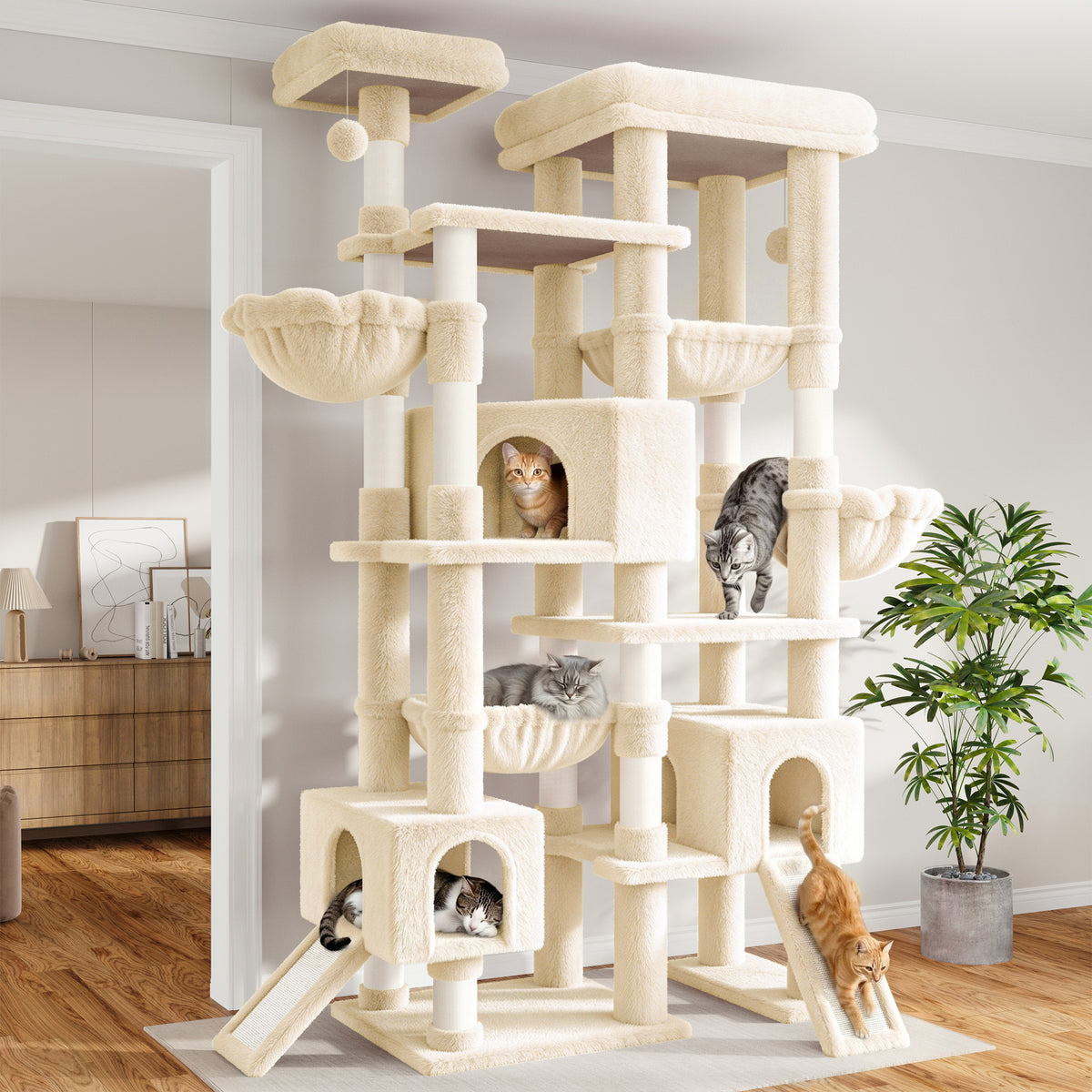 Sha Cerlin 87 in Multi-Level Tall Cat Tree Tower for Large Cats/Extra Wide Feline Activity Center/Sisal Scratching Posts/Wide Base/Cozy Plush Perches/Baskets/Hammocks/Toy Balls