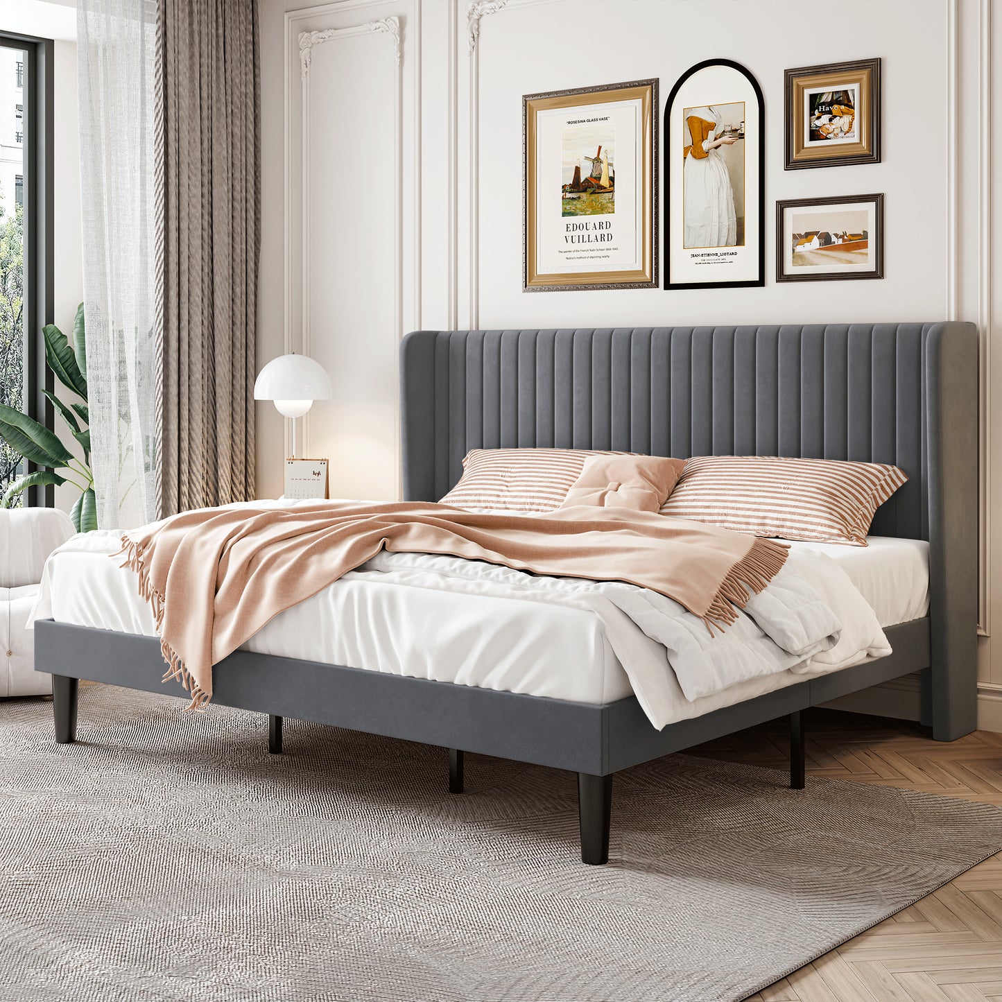Sha Cerlin Upholstered Platform Bed Frame with Velvet Channel Wingback Headboard