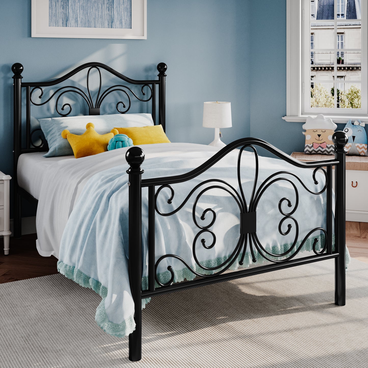 Sha Cerlin Metal Platform Bed Frame with Vintage Butterfly Pattern Headboard & Storage, Adult