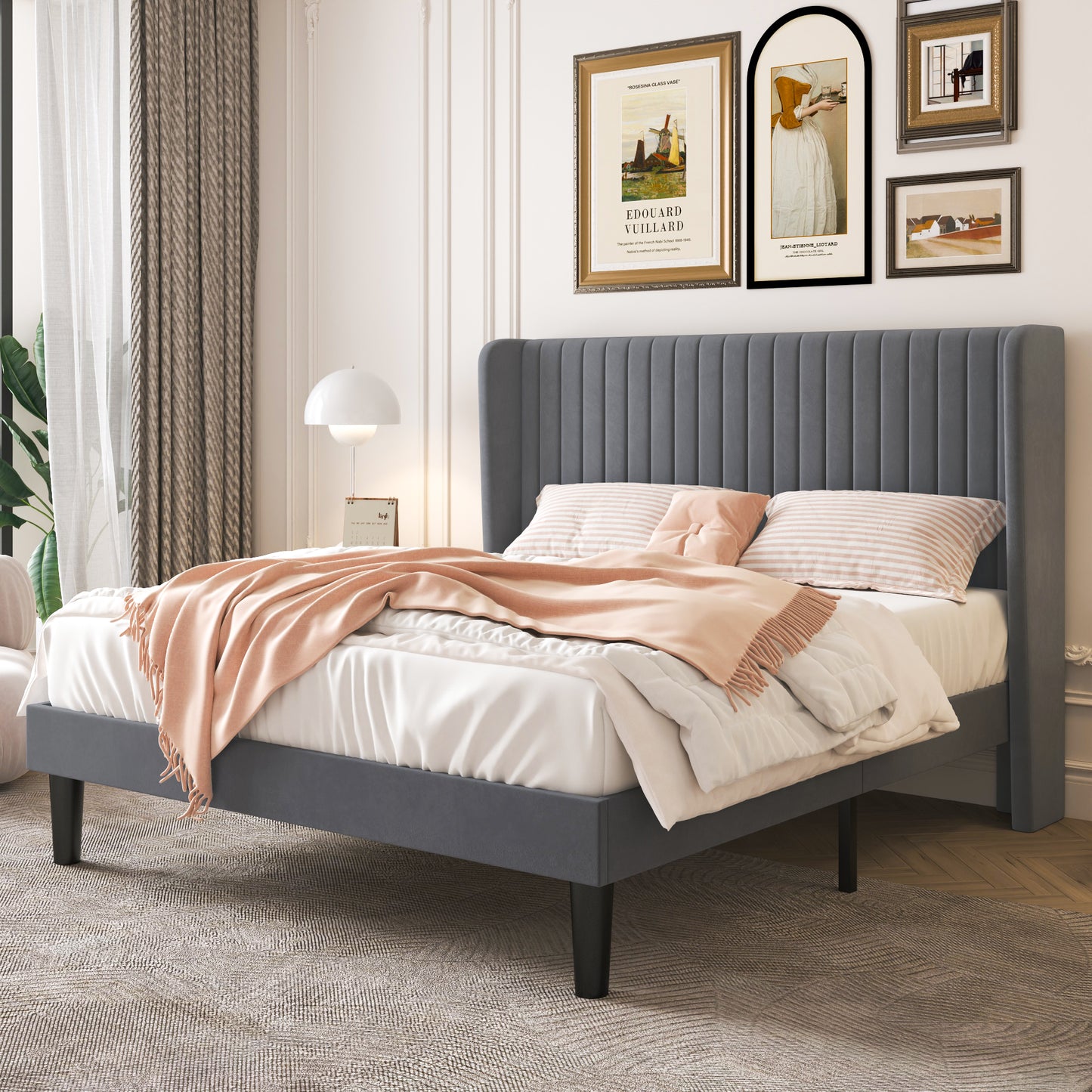 Sha Cerlin Upholstered Platform Bed Frame with Velvet Channel Wingback Headboard