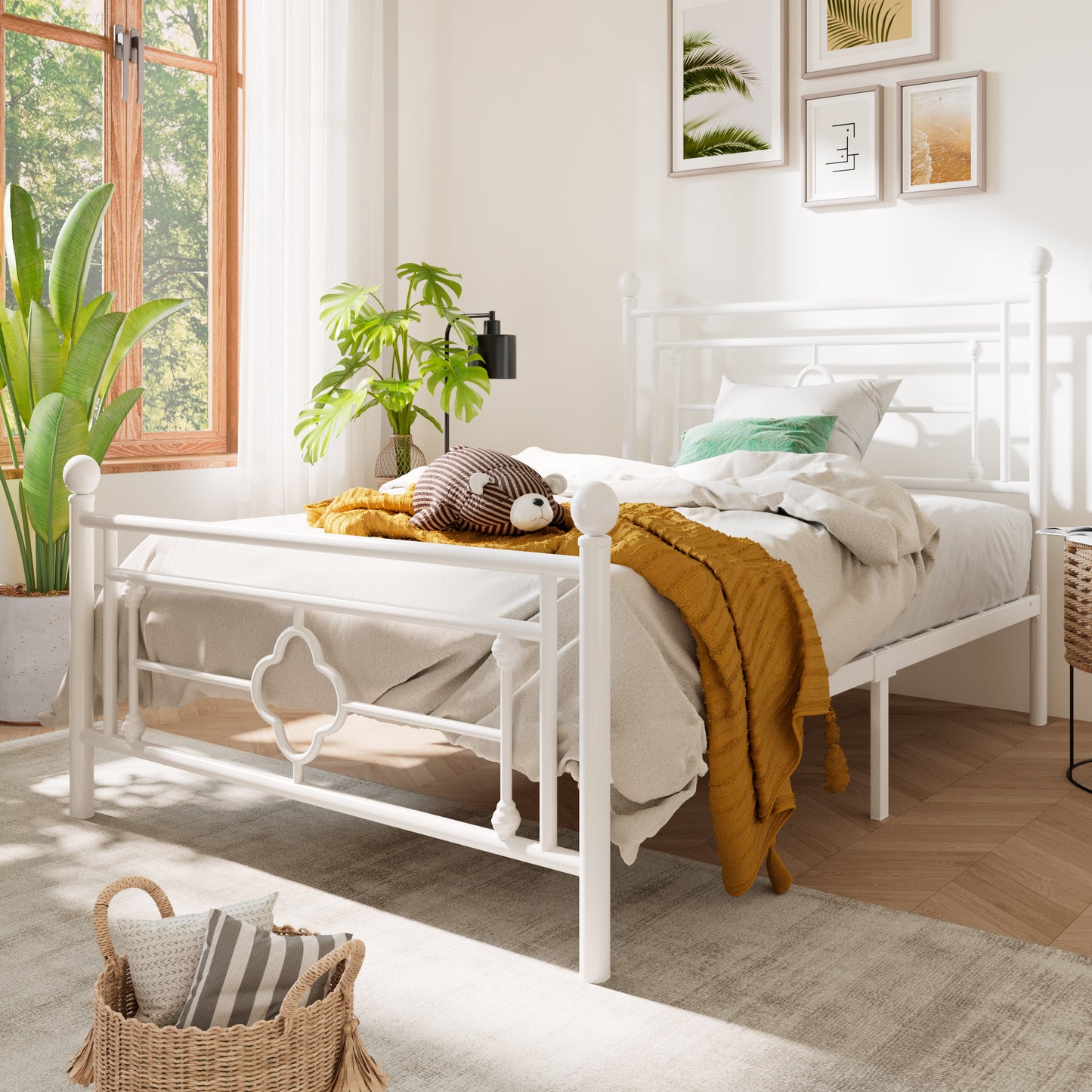 Sha Cerlin Metal Platform Bed Frame with Victorian Vintage Headboard