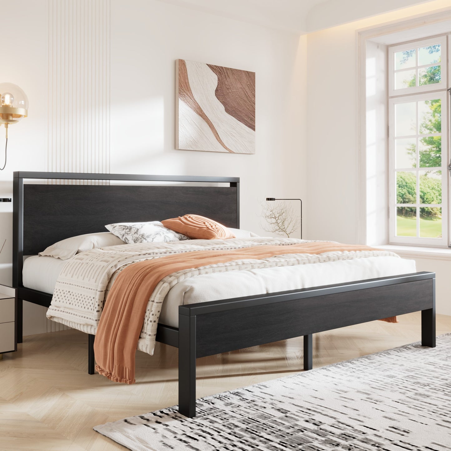 Sha Cerlin Metal Platform Bed Frame with Wooden Headboard, Adult