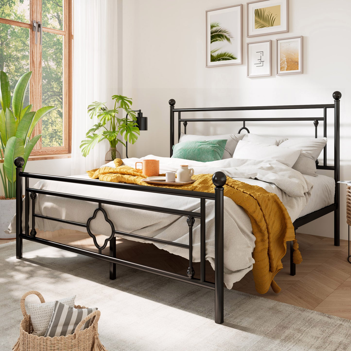 Sha Cerlin Metal Platform Bed Frame with Victorian Vintage Headboard