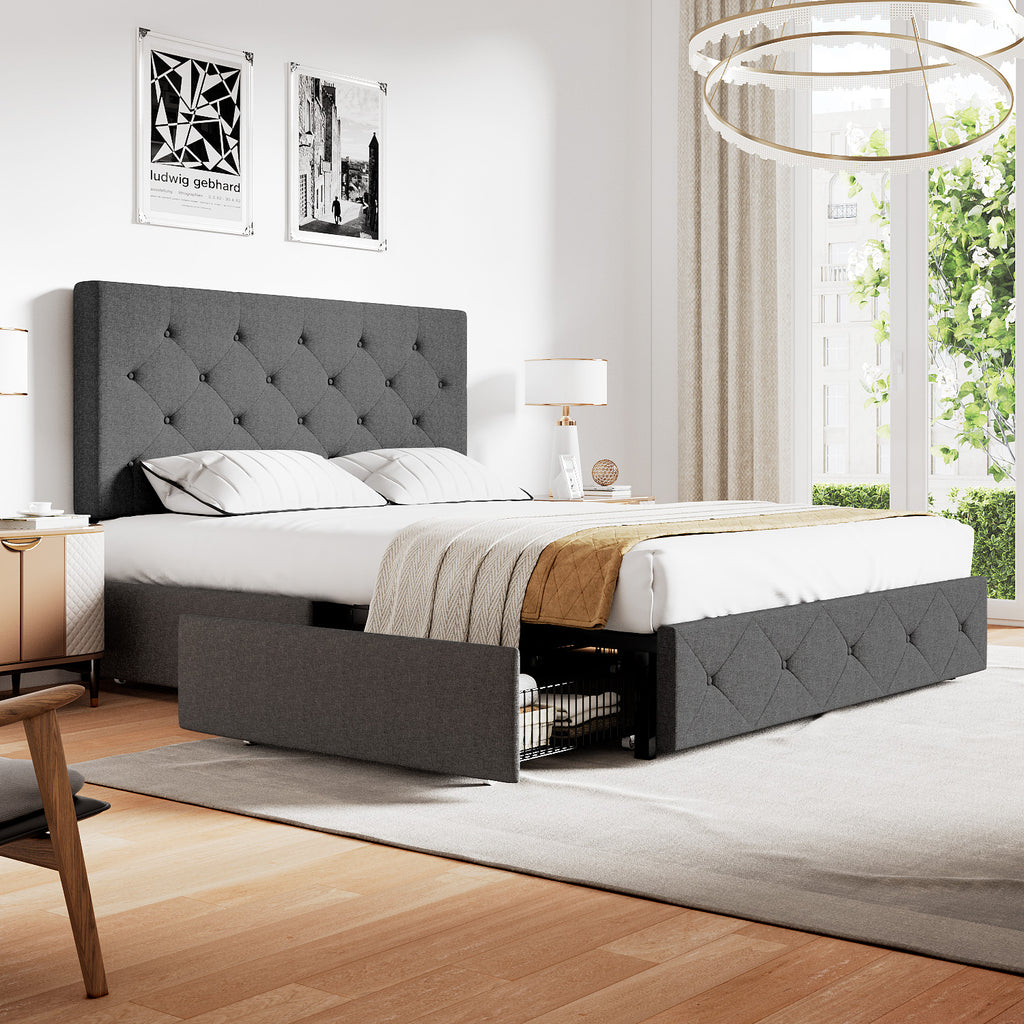 Bed Frame with Storage Drawers and Headboard, Upholstered Storage Bed