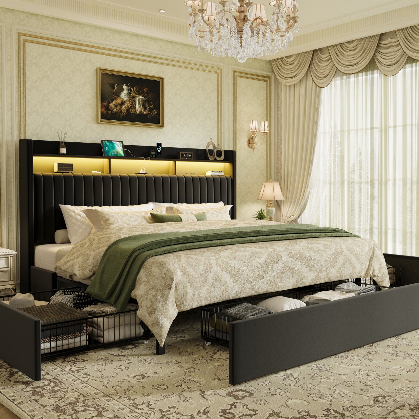 Sha Cerlin Upholstered Platform Bed Frame with 3 Spacious Storage Drawers, Built-in LED Lights & Charging Station, Vertical Tufted Headboard with Shelf, No Box Spring Needed