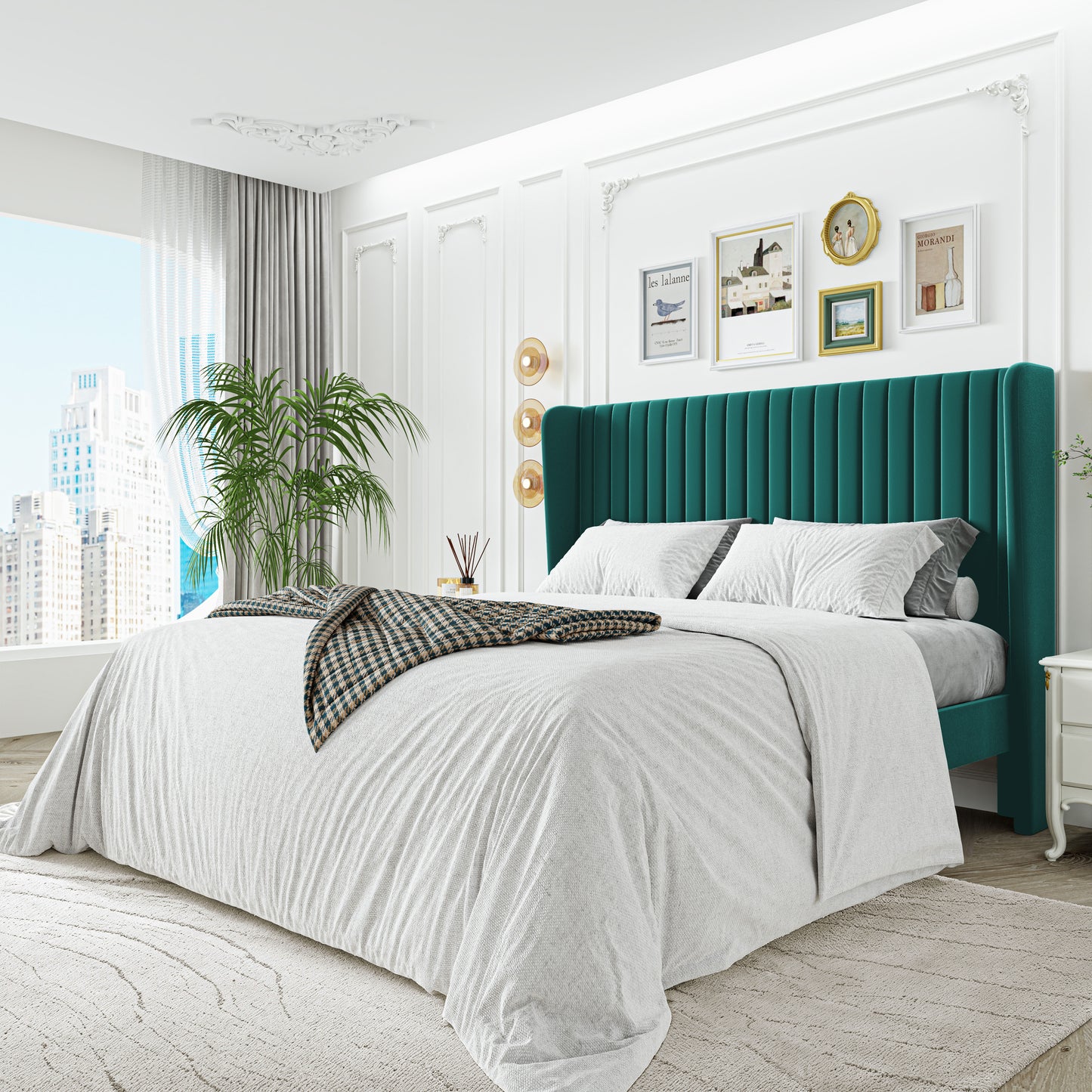 Sha Cerlin Upholstered Platform Bed Frame with Velvet Channel Wingback Headboard