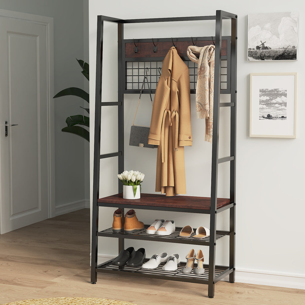 Entryway Hall Tree with Shoe Bench, 4-in-1 Large Coat Rack with Grid Panel and Movable Hooks