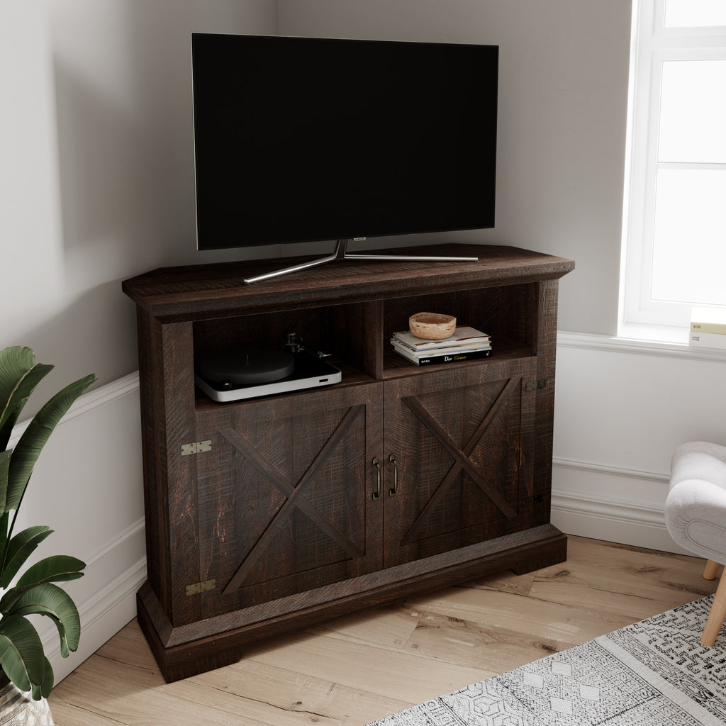Modern Farmhouse Corner TV Stand for TVs Up to 50 Inches, TV Console Table with Storage Cabinets