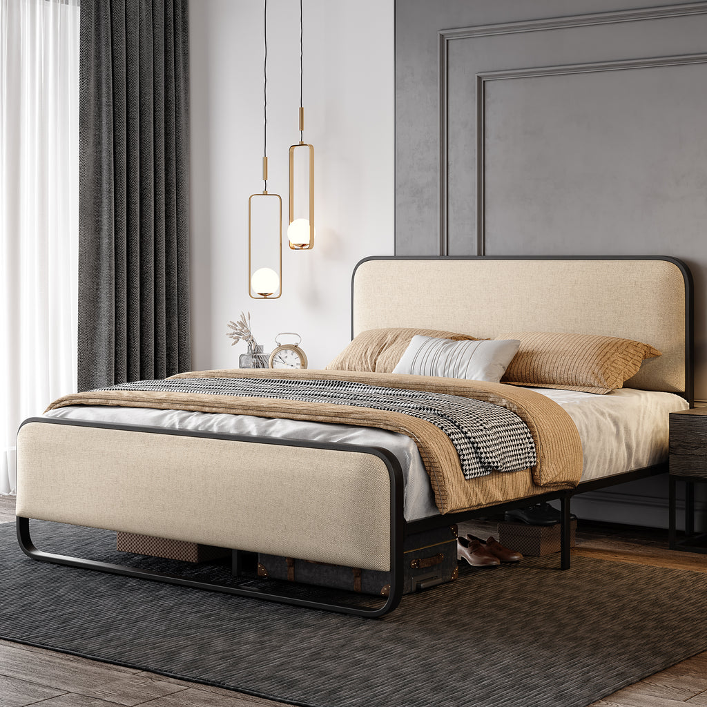 Metal Bed Frame with Curved Upholstered Headboard and Footboard