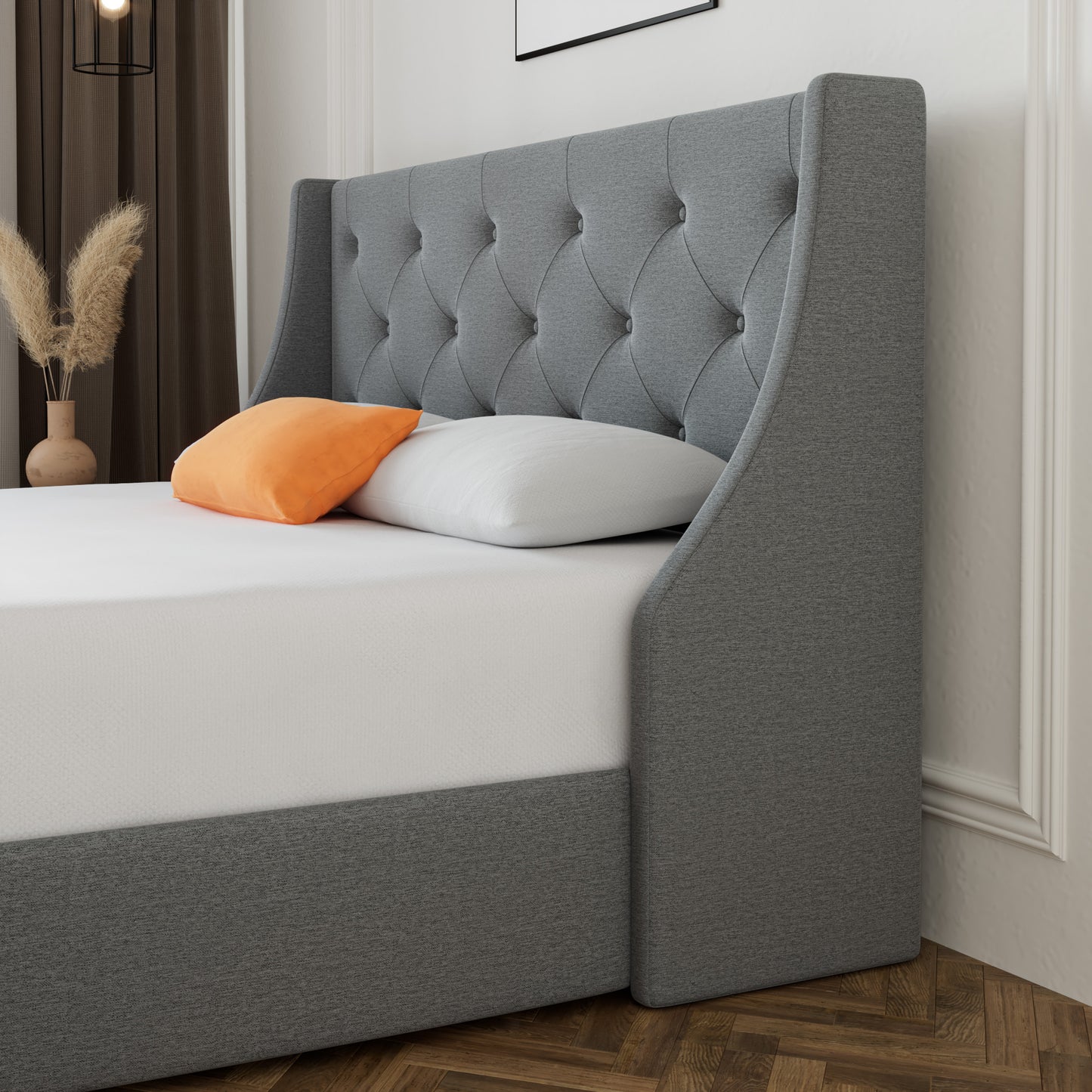 Upholstered Storage Bed with 4 Drawers and Wingback Headboard, Diamond Stitched Button Tufted