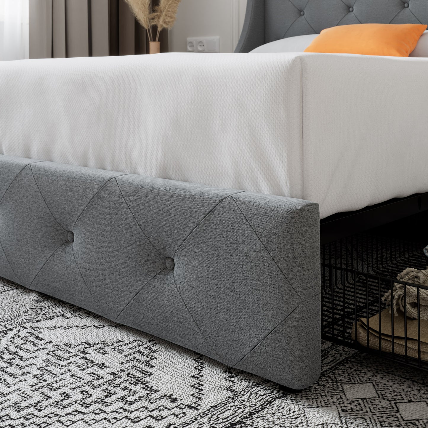 Upholstered Storage Bed with 4 Drawers and Wingback Headboard, Diamond Stitched Button Tufted