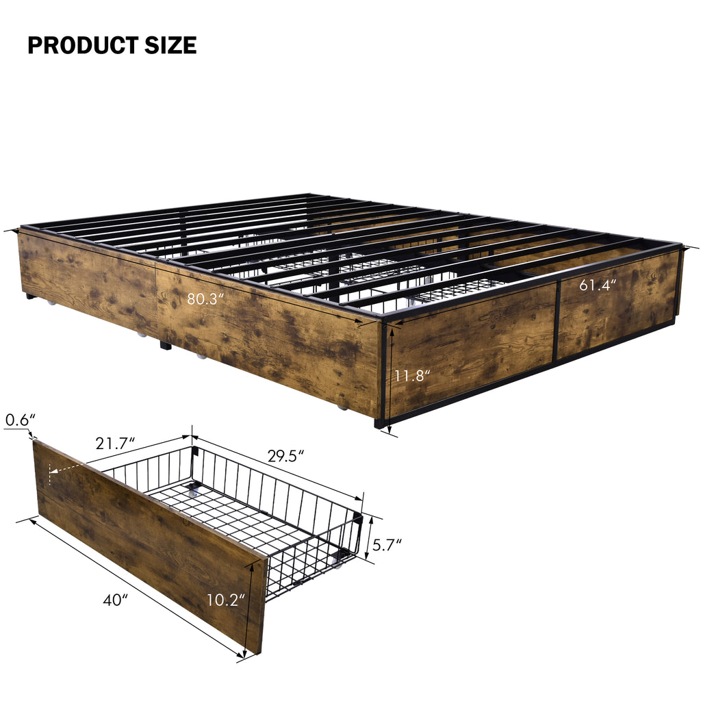 Metal Bed Frame with 4 Sliding XL Storage Drawers, Platform Bed with Storage