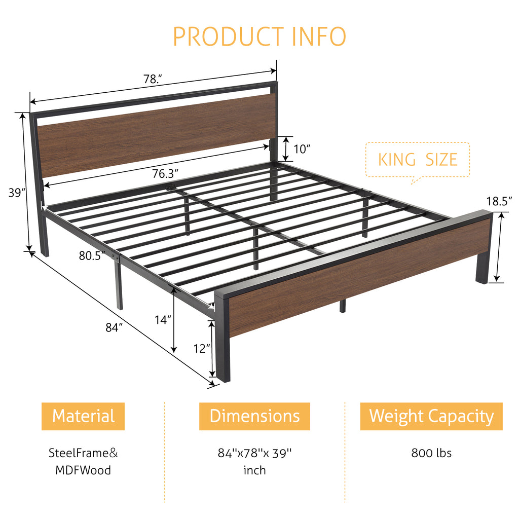 Metal Bed Frame with Wooden Headboard and Footboard, Mattress Foundation