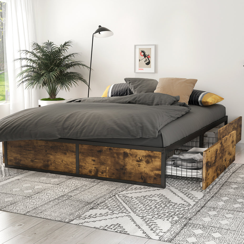 Metal Bed Frame with 4 Sliding XL Storage Drawers, Platform Bed with Storage