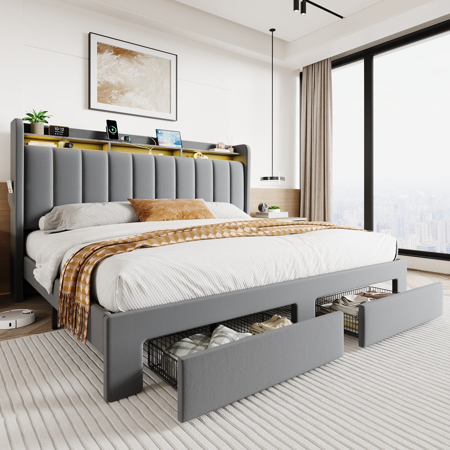 SHA CERLIN Velvet Bed Frame with Vertical Channel Tufted Wingback Headboard & 2 Storage Drawers/2-Tier Shelves with LED Lights & Charging Station/Noise-Free/No Box Spring Needed