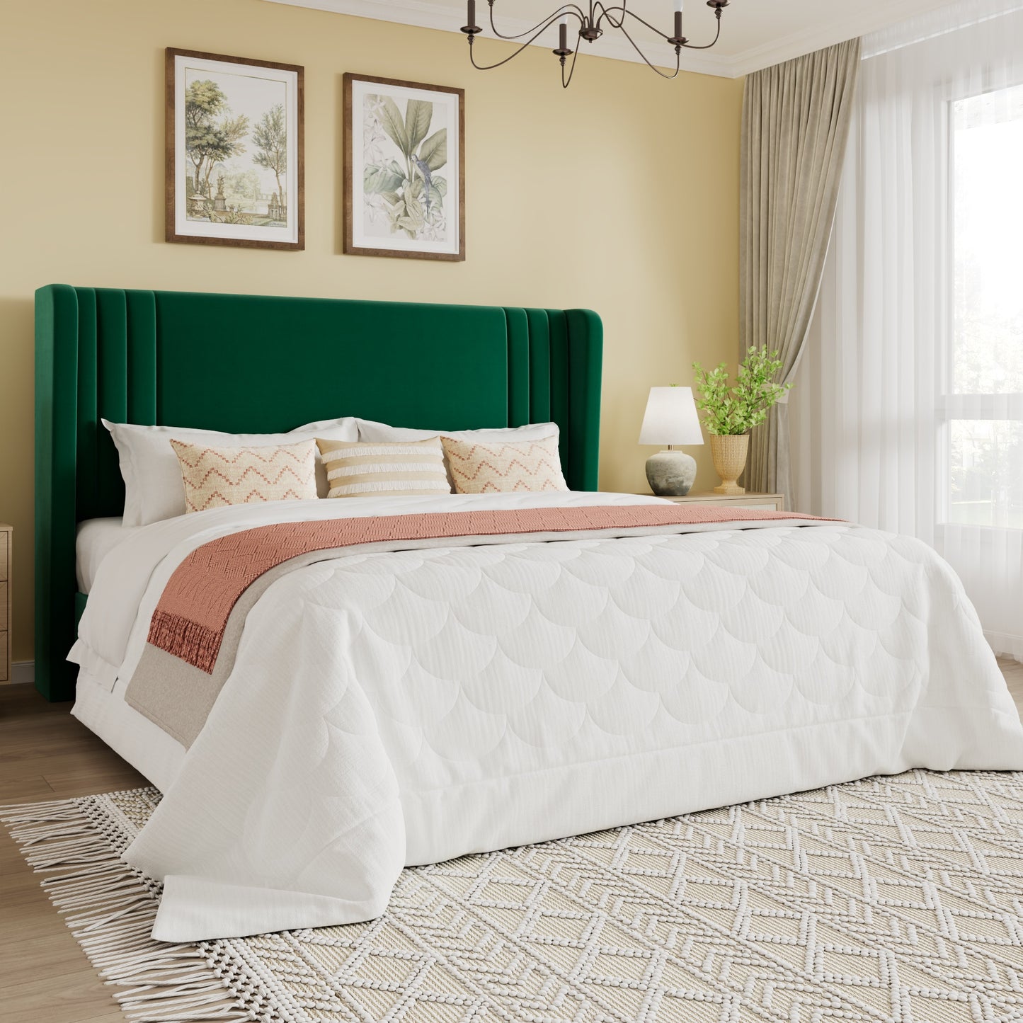 SHA CERLIN Velvet Upholstered Platform Bed Frame with Vertical Channel Tufted Wingback Headboard, Wooden Slats Support, Easy Assembly, Under Bed Storage, No Box Spring Required
