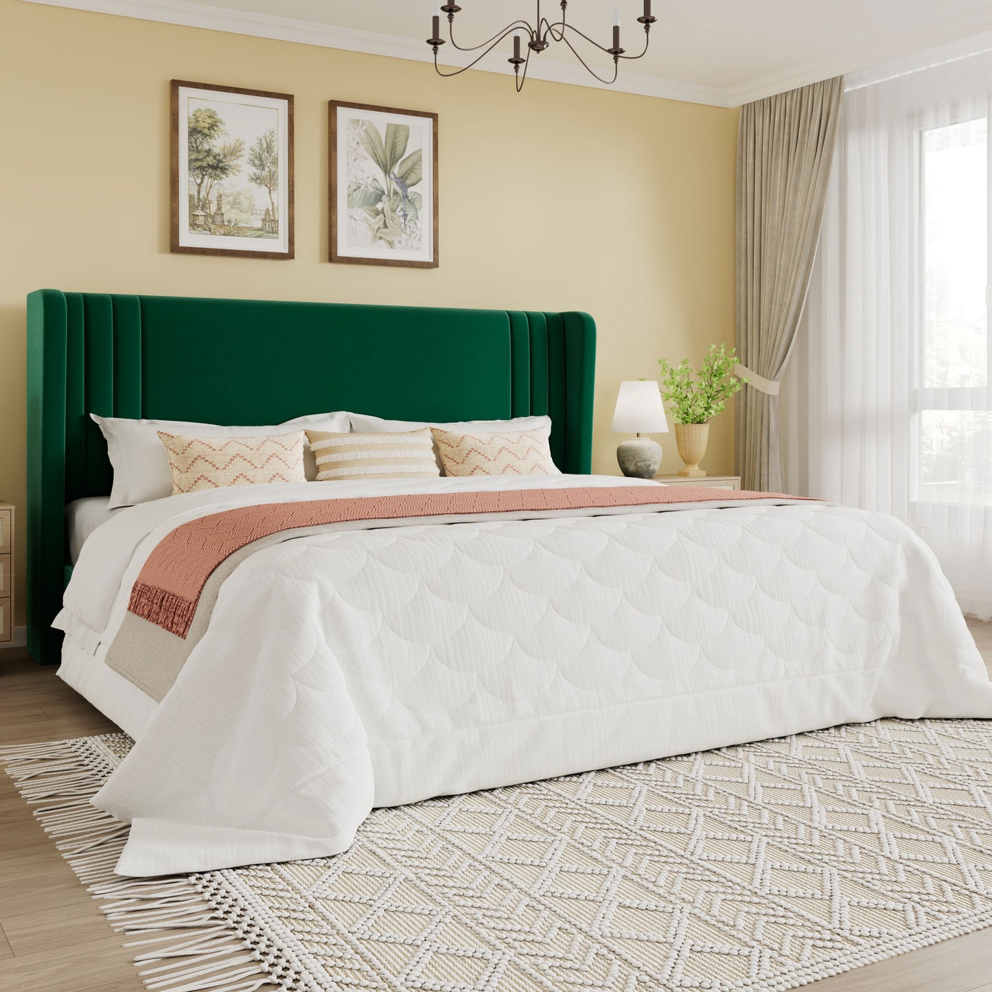 SHA CERLIN Velvet Upholstered Platform Bed Frame with Vertical Channel Tufted Wingback Headboard, Wooden Slats Support, Easy Assembly, Under Bed Storage, No Box Spring Required