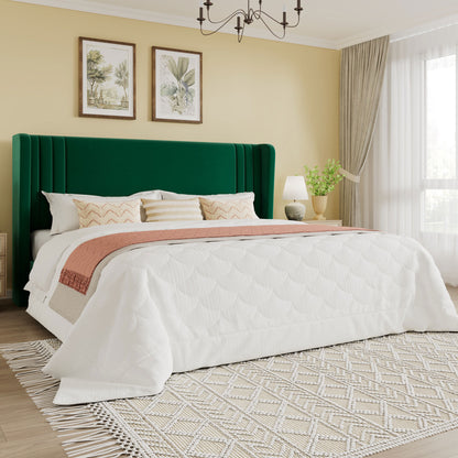 SHA CERLIN Velvet Upholstered Platform Bed Frame with Vertical Channel Tufted Wingback Headboard, Wooden Slats Support, Easy Assembly, Under Bed Storage, No Box Spring Required