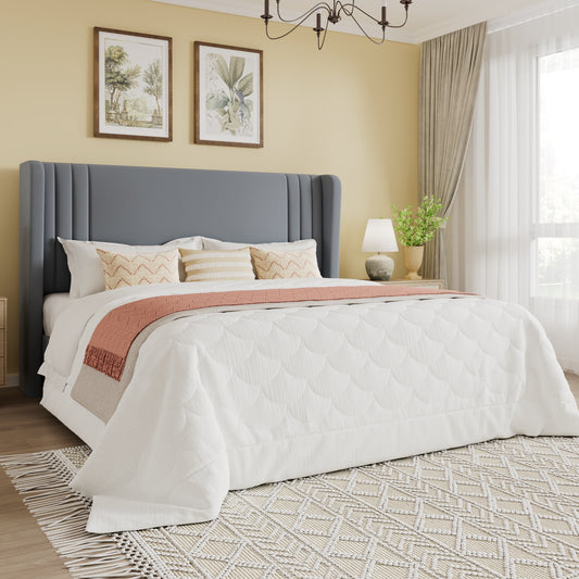 SHA CERLIN Velvet Upholstered Platform Bed Frame with Vertical Channel Tufted Wingback Headboard, Wooden Slats Support, Easy Assembly, Under Bed Storage, No Box Spring Required