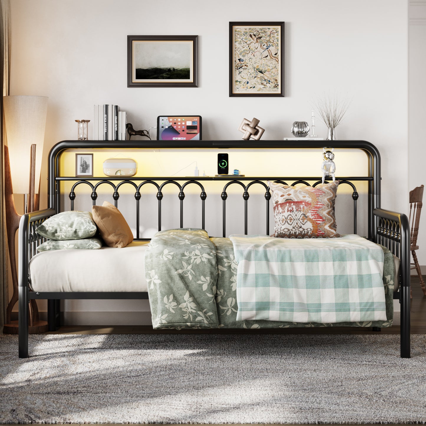 SHA CERLIN Twin Size Daybed, Metal Sofa Bed Frame with Double-Layer Storage Headboard, LED Lighting and USB Charging Ports, Steel Slat Support