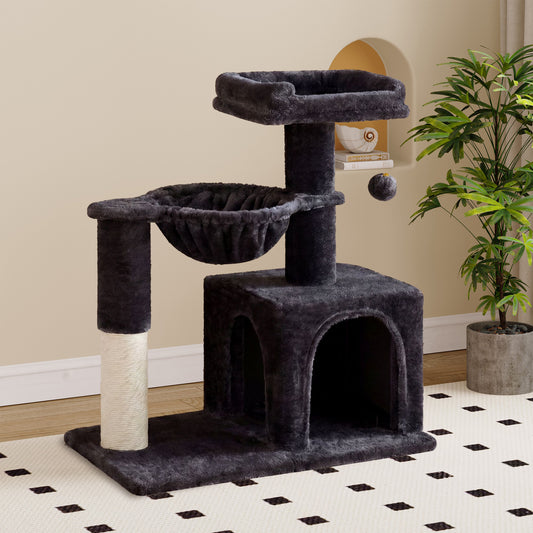 Sha Cerlin 29.5" Multi-Level Cat Tree, Indoor Cat Tower with Sisal Scratching Posts, Cozy Perch, Basket, Condo and Hanging Ball, for Kittens and Adult Cats