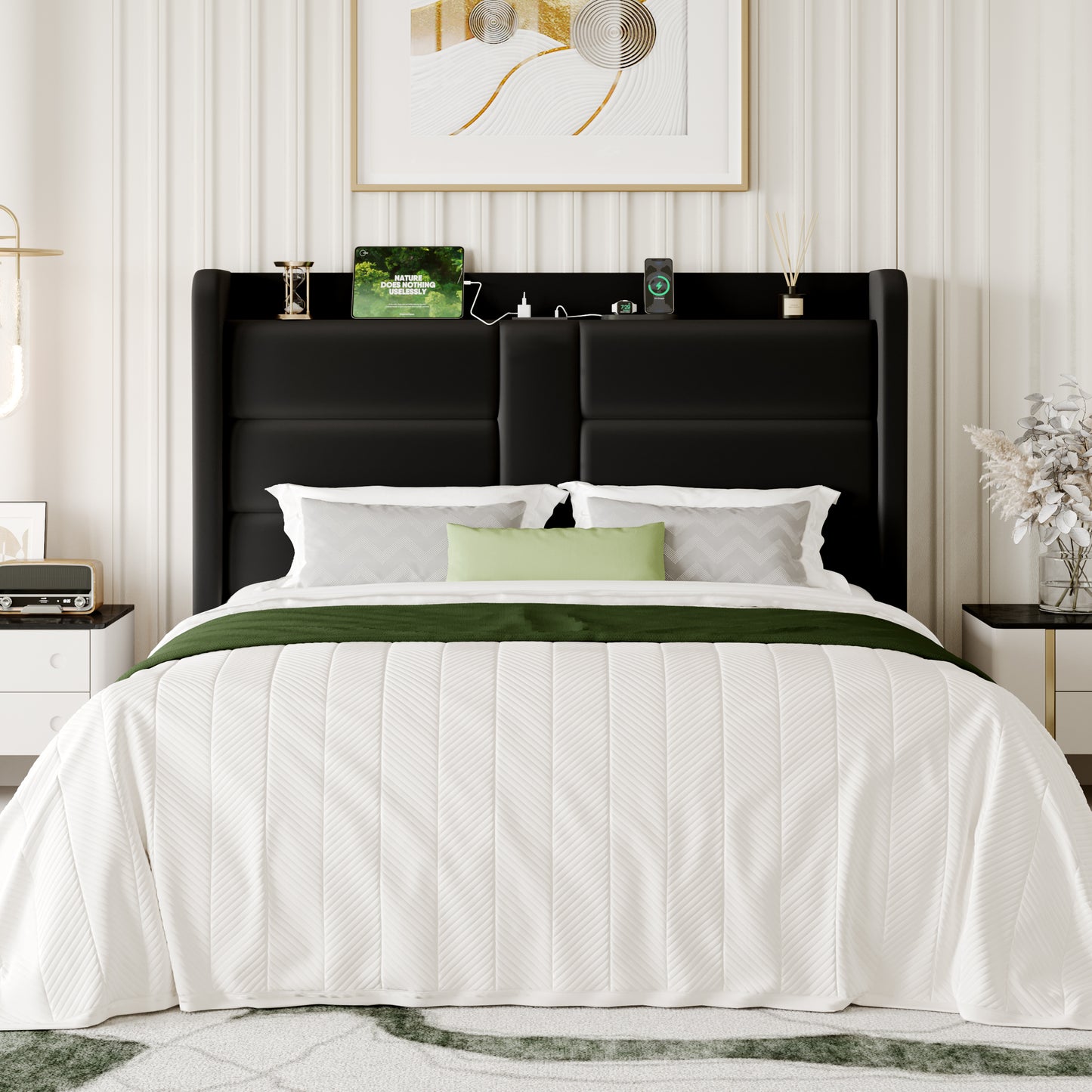 Sha Cerlin Bed Frame with Storage Shelf, Modern Velvet Platform Bed with Charging Station, No Box Spring Needed