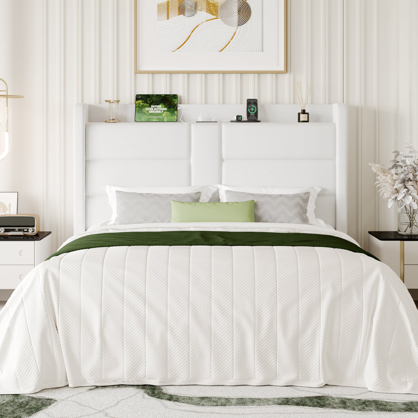 Sha Cerlin Bed Frame with Storage Shelf, Modern Velvet Platform Bed with Charging Station, No Box Spring Needed