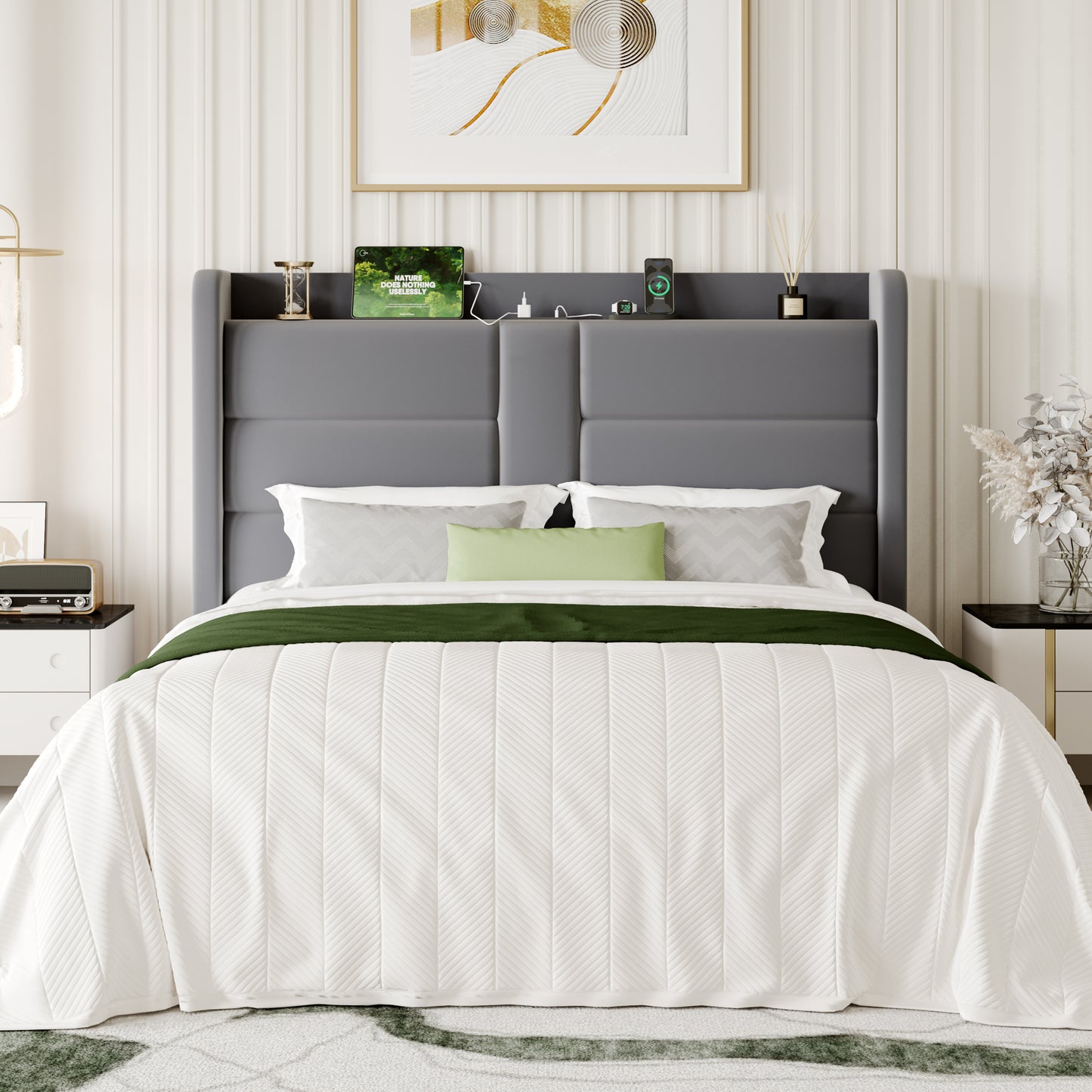 Sha Cerlin Bed Frame with Storage Shelf, Modern Velvet Platform Bed with Charging Station, No Box Spring Needed
