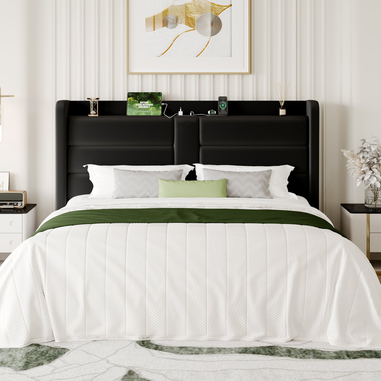 Sha Cerlin Bed Frame with Storage Shelf, Modern Velvet Platform Bed with Charging Station, No Box Spring Needed