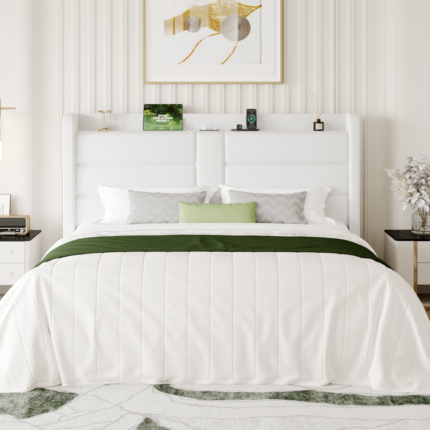 Sha Cerlin Bed Frame with Storage Shelf, Modern Velvet Platform Bed with Charging Station, No Box Spring Needed