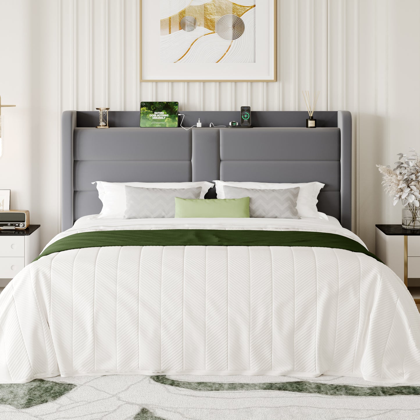 Sha Cerlin Bed Frame with Storage Shelf, Modern Velvet Platform Bed with Charging Station, No Box Spring Needed