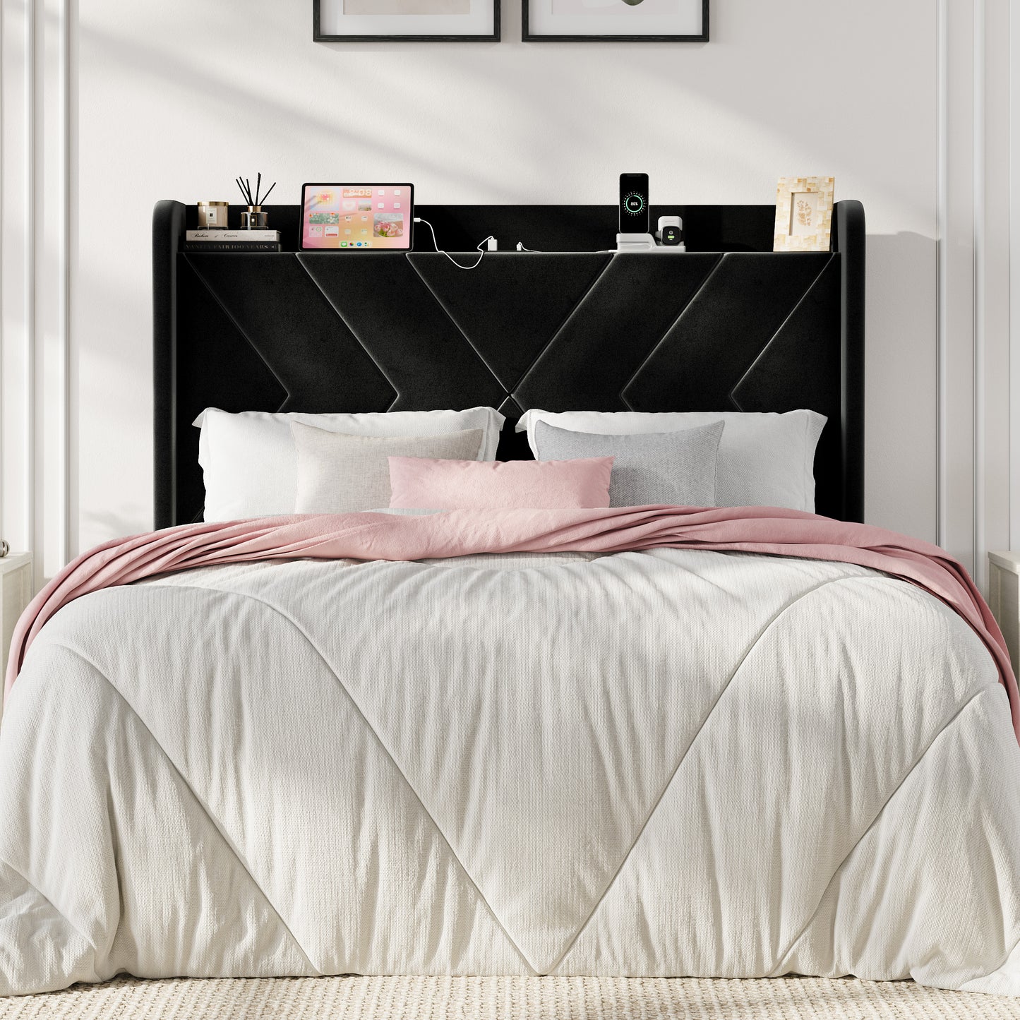 Sha Cerlin Velvet Upholstered Wingback Headboard with Charing Station, 6.3 Inches Under-Bed Space