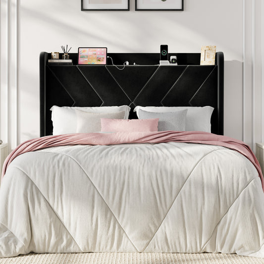Sha Cerlin Velvet Upholstered Wingback Headboard with Charing Station, 6.3 Inches Under-Bed Space