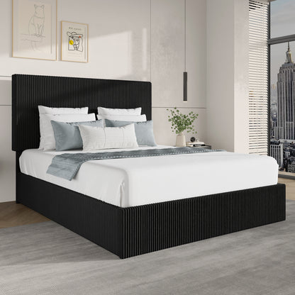 SHA CERLIN Bed Frame, Corduroy Upholstered Platform Bed, Adjustable Vertical Channel Tufted Headboard, Modern Low Profile Frame, No Box Spring Needed, Easy Assembly