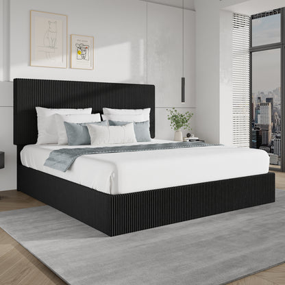 SHA CERLIN Bed Frame, Corduroy Upholstered Platform Bed, Adjustable Vertical Channel Tufted Headboard, Modern Low Profile Frame, No Box Spring Needed, Easy Assembly