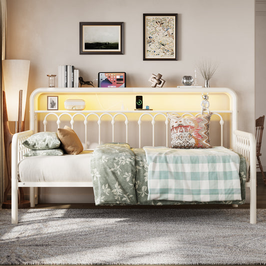 SHA CERLIN Twin Size Daybed, Metal Sofa Bed Frame with Double-Layer Storage Headboard, LED Lighting and USB Charging Ports, Steel Slat Support
