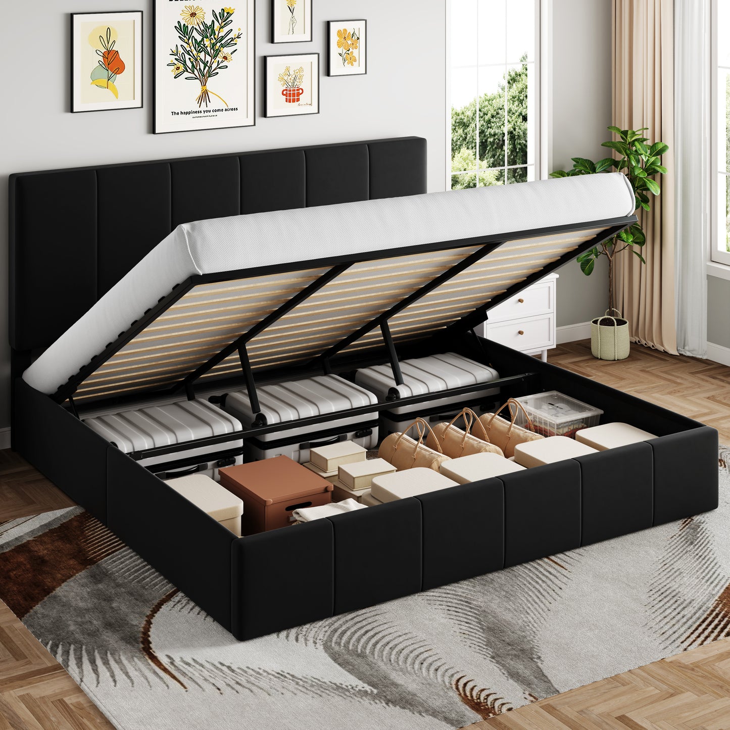Sha Cerlin Lift-Up Storage Bed, Velvet Headboard with Adjustable Height, No Box Spring Needed