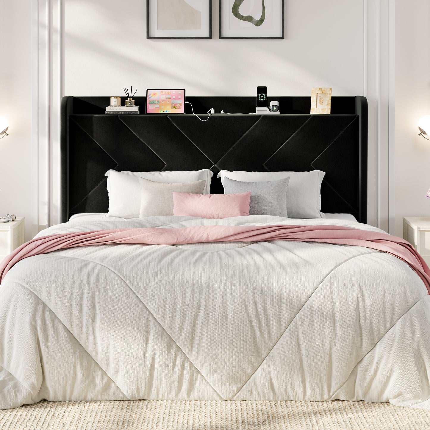 Sha Cerlin Velvet Upholstered Wingback Headboard with Charing Station, 6.3 Inches Under-Bed Space