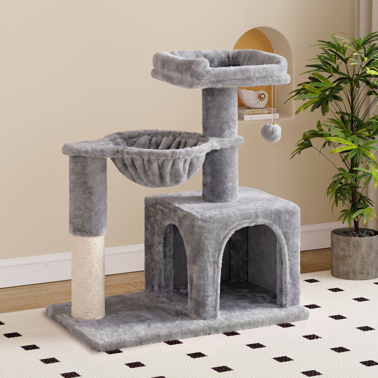 Sha Cerlin 29.5" Multi-Level Cat Tree, Indoor Cat Tower with Sisal Scratching Posts, Cozy Perch, Basket, Condo and Hanging Ball, for Kittens and Adult Cats