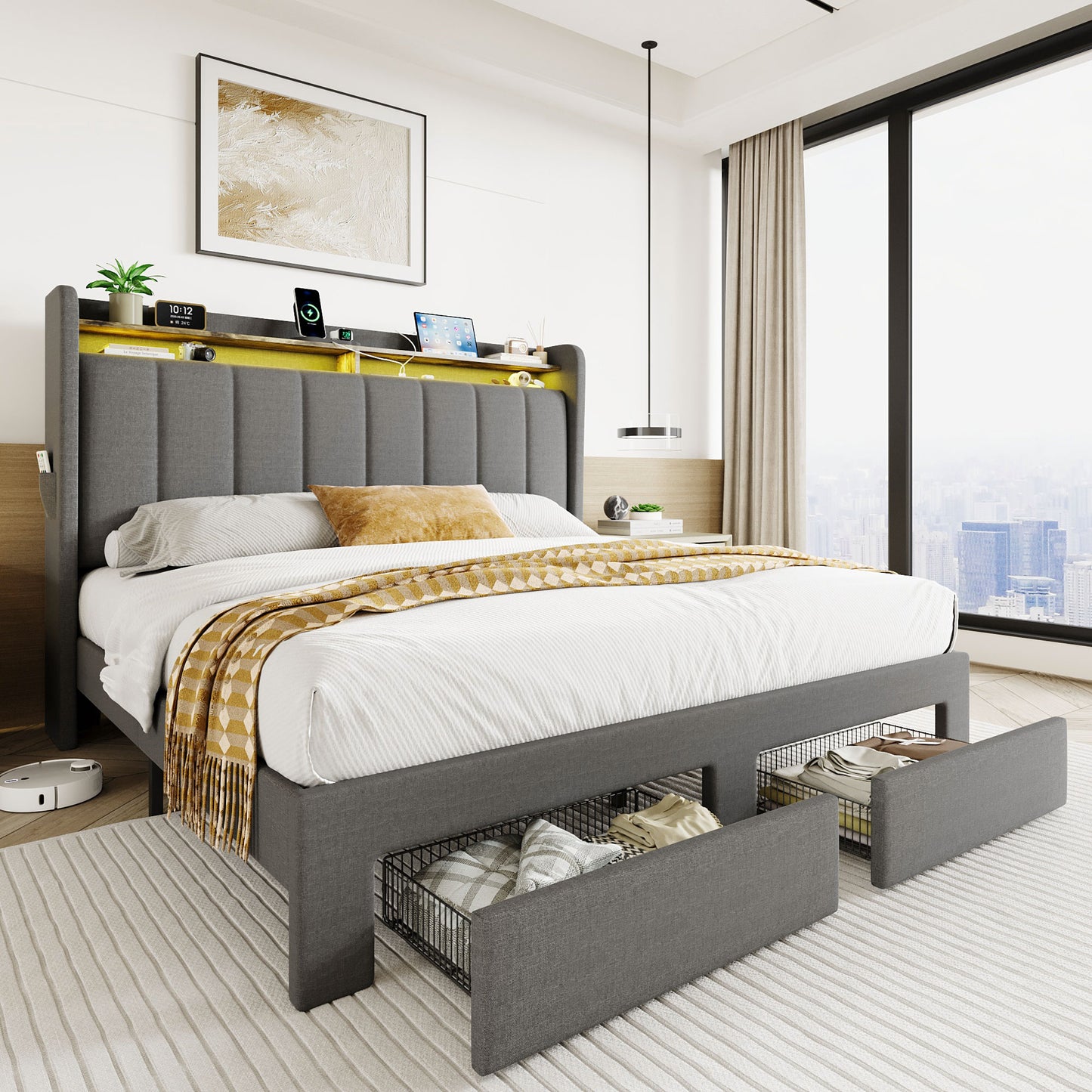 SHA CERLIN Velvet Bed Frame with Vertical Channel Tufted Wingback Headboard & 2 Storage Drawers/2-Tier Shelves with LED Lights & Charging Station/Noise-Free/No Box Spring Needed